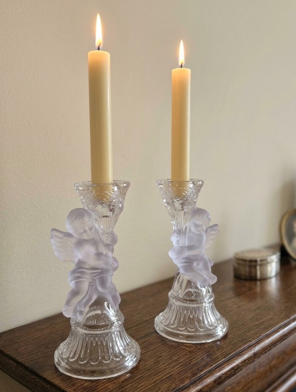 VINTAGE Frosted & Clear Glass Cherub Angel Taper Candlestick Candleholder Pair
